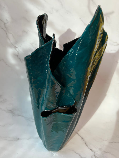 two toned Teal and black leather and epoxy resin vase handmade by Jamie Pomeranz aka Devils May Care
