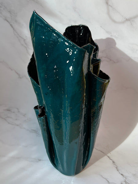 two toned Teal and black leather and epoxy resin vase handmade by Jamie Pomeranz aka Devils May Care